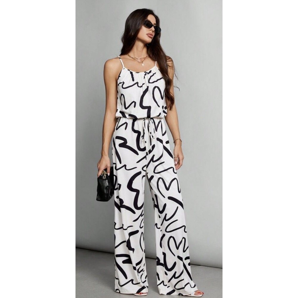 SHEIN Women’s Medium M Beige Black Wide Leg Jumpsuit Casual One Piece